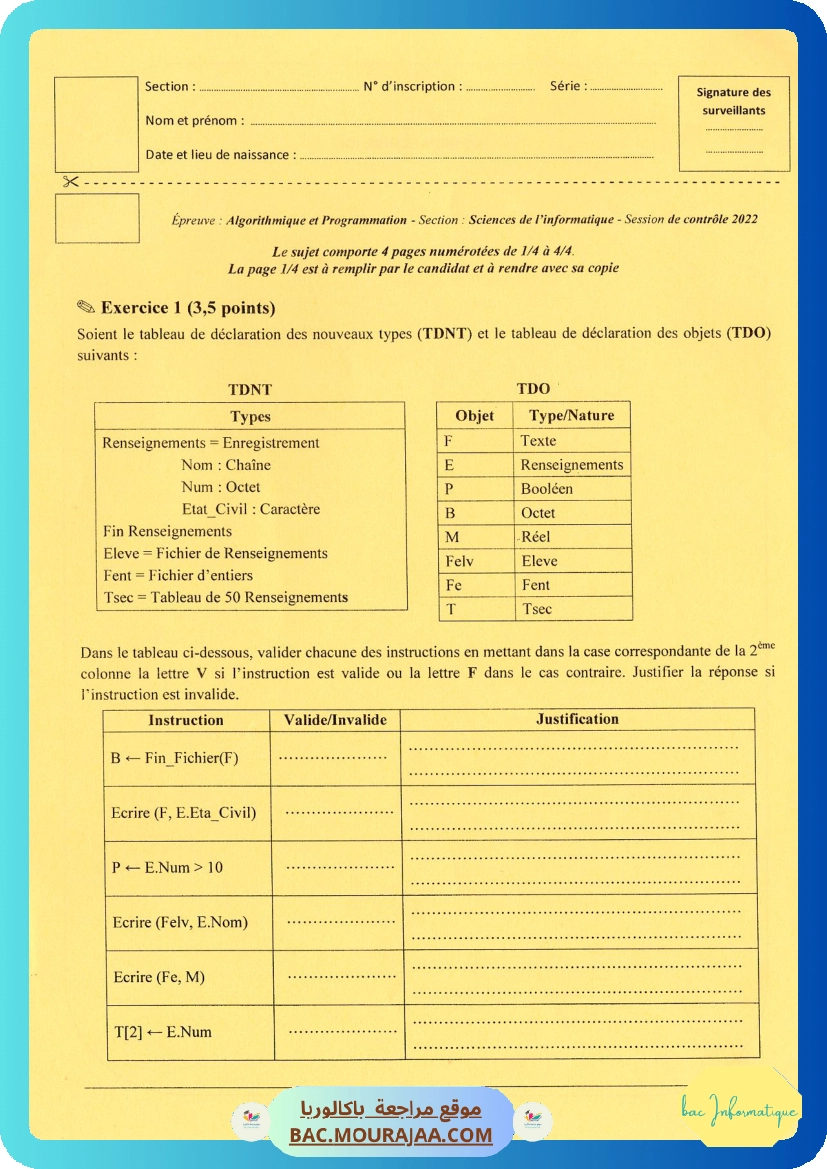 Sujet controle algorithme Bac 2022 – Section info